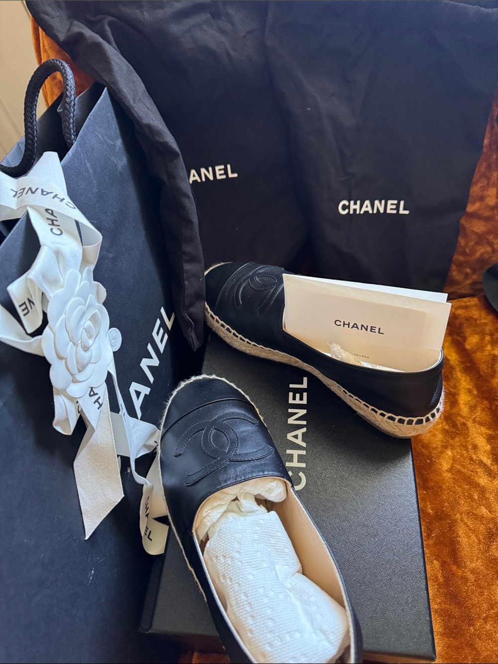 CHANEL Black Leather Espadrille Flats with Logo